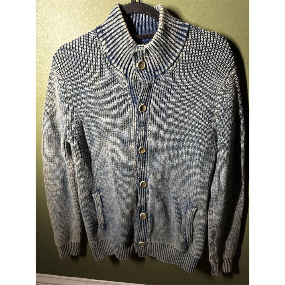 Peter Millar Seaside Indigo Cardigan Blue Mock Neck Button Pockets Medium Cotton